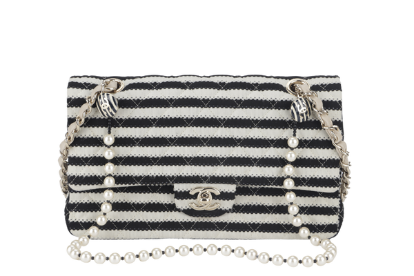 CHANEL COCO SAILOR STRIPE (1919xxxx) BLACK & WHITE JERSEY GOLD HARDWARE WITH CARD