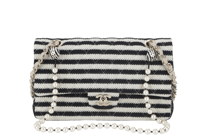 CHANEL COCO SAILOR STRIPE (1919xxxx) BLACK & WHITE JERSEY GOLD HARDWARE WITH CARD