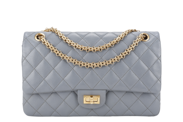 CHANEL REISSUE 2.55 (1893xxxx) MEDIUM DOUBLE FLAP DARK GREY CAVIAR LEATHER GOLD HARDWARE WITH DUST COVER