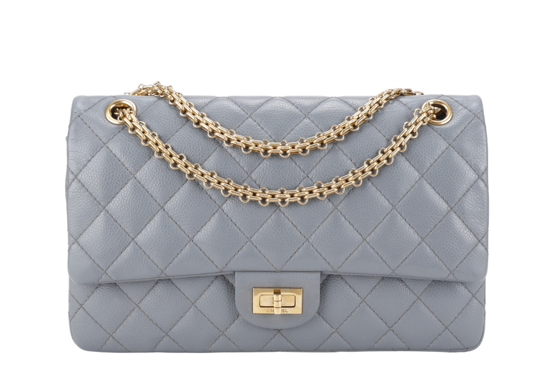 CHANEL REISSUE 2.55 (1893xxxx) MEDIUM DOUBLE FLAP DARK GREY CAVIAR LEATHER GOLD HARDWARE WITH DUST COVER
