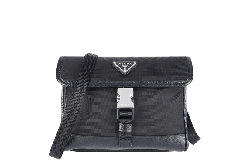 PRADA RE-NYLON BLACK SLING POUCH WITH STRAPS, DUST COVER AND BOX