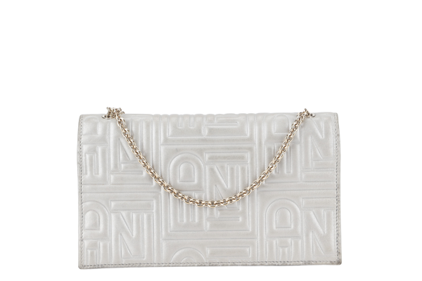 FENDI SILVER METALLIC NAPPA LOGO EMBOSSED W.O.C GOLD HARDWARE (AX41526) WITH CHAIN STRAPS NO DUST COVER