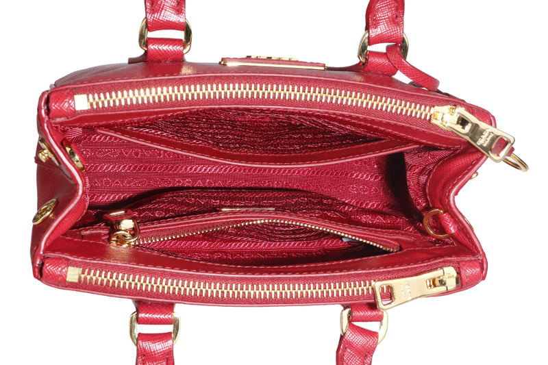 PRADA GALLERIA MINI TOTE (1BA906) RED SAFFIANO LEATHER GOLD HARDWARE WITH STRAP AND DUST COVER