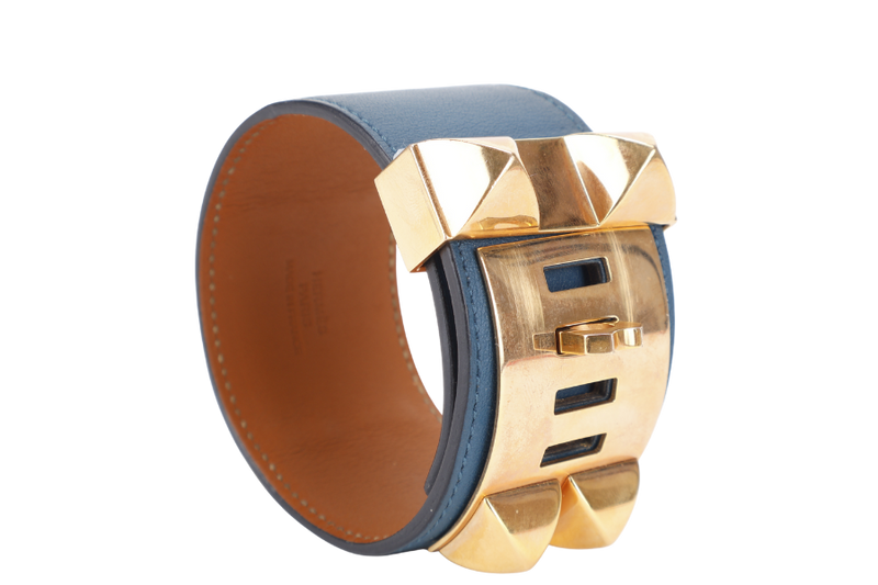HERMES CDC BRACELET BLUE COLVERT SWIFT LEATHER WITH GOLD HARDWARE STAMP R (YEAR 2014) WITH BOX
