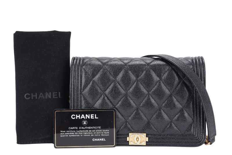 CHANEL LEBOY WALLET ON CHAIN BLACK CAVIAR GOLD HARDWARE (2802xxxx) WITH CARD, DUST COVER AND BOX