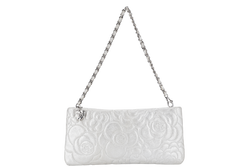 CHANEL CAMELLIA EMBOSSED SMALL SILVER METALLIC POCHETTE SILVER HARDWARE (2005xxxx) WITH CARD