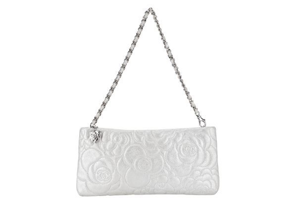 CHANEL CAMELLIA EMBOSSED SMALL SILVER METALLIC POCHETTE SILVER HARDWARE (2005xxxx) WITH CARD