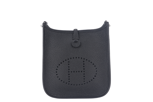 HERMES MINI EVELYN BLACK CLEMENCE LEATHER WITH SILVER HARDWARE STAMP B WITH DUST COVER AND BOX