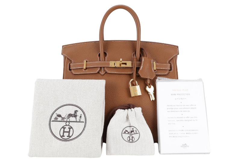 HERMES BIRKIN 25 GOLD TOGO GOLD HARDWARE STAMP X (2016} WITH LOCK & KEYS, RAINCOAT AND DUST COVER