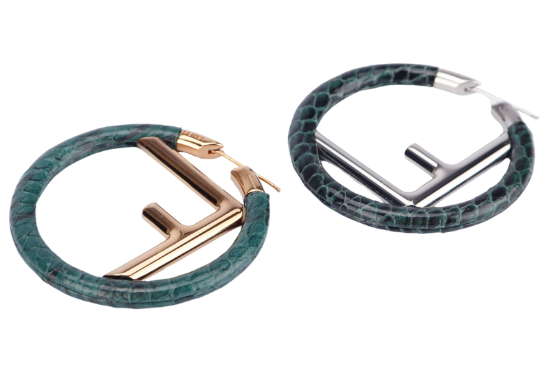 FENDI GOLD F INITIALS WITH GREEN LIZARD SKIN ROUND SHAPE EARRING, WITH BOX