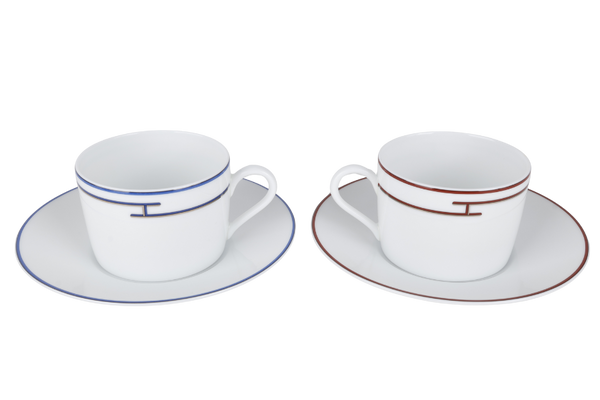 HERMES RHYTHM RED X BLUE PORCELAINE CUP AND SAUCER IN SET OF TWO PIECES WITH BOX