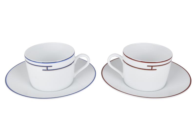 HERMES RHYTHM RED X BLUE PORCELAINE CUP AND SAUCER IN SET OF TWO PIECES WITH BOX