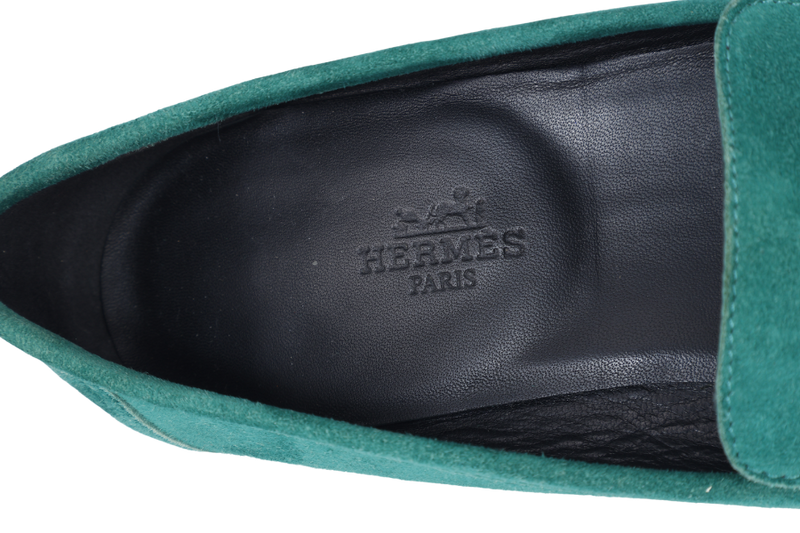 HERMES PARIS LOAFERS SHOES GREEN NUBUCK SIZE 38 WITH BOX