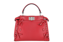 FENDI PEEKABOO MINI RED WHIPSTITCH CALF LEATHER SILVER HARDWARE WITH STRAPS AND DUST COVER