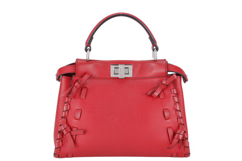 FENDI PEEKABOO MINI RED WHIPSTITCH CALF LEATHER SILVER HARDWARE WITH STRAPS AND DUST COVER