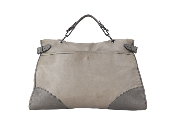 MULBERRY TAYLOR SATCHEL BAG LARGE OVERSIZED GRAY LEATHER SILVER HARDWARE 1362071 WITH LONG STRAP AND DUST COVER