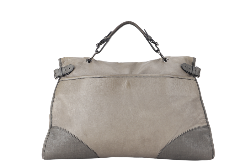 MULBERRY TAYLOR SATCHEL BAG LARGE OVERSIZED GRAY LEATHER SILVER HARDWARE 1362071 WITH LONG STRAP AND DUST COVER