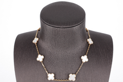VAN CLEEF & ARPELS 18K YELLOW GOLD MOTHER OF PEARL 10 MOTIFS VINTAGE ALHAMBRA NECKLACE WITH DUST COVER AND CERTIFICATE