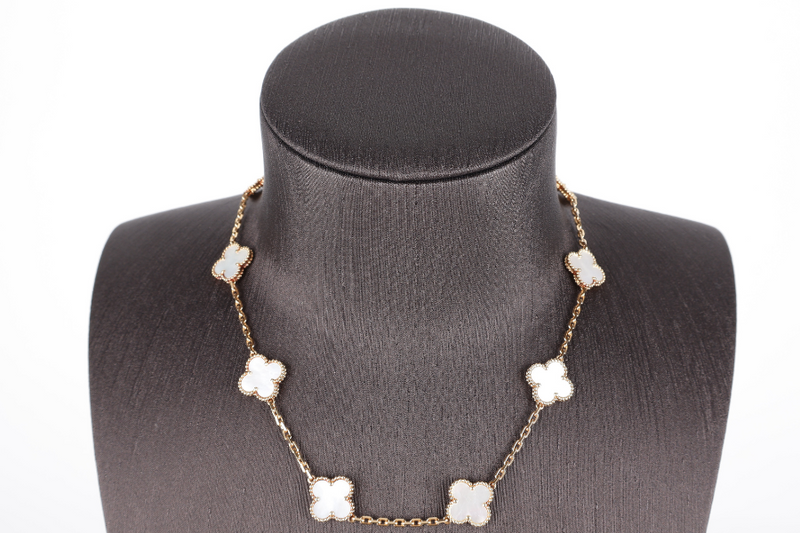 VAN CLEEF & ARPELS 18K YELLOW GOLD MOTHER OF PEARL 10 MOTIFS VINTAGE ALHAMBRA NECKLACE WITH DUST COVER AND CERTIFICATE