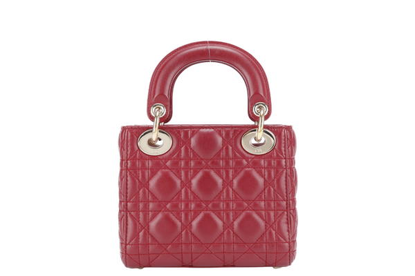 CHRISTIAN DIOR LADY DIOR MINI MAROON GOLD HARDWARE WITH CARD, DUST COVER AND BOX