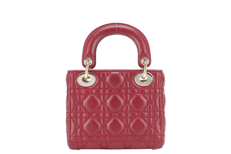 CHRISTIAN DIOR LADY DIOR MINI MAROON GOLD HARDWARE WITH CARD, DUST COVER AND BOX