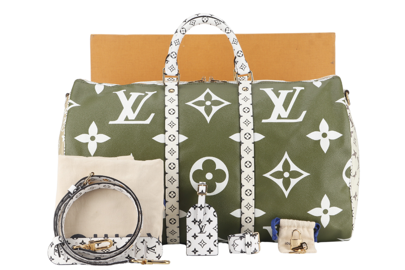 LOUIS VUITTON KEEPALL BANDOULIERE 50 (M44590) KHAKI BEIGE GIANT MONOGRAM GOLD HARDWARE WITH STRAPS, PADLOCK, KEYS, DUST COVER AND BOX