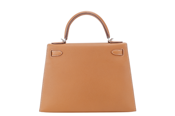 HERMES KELLY 28 SELLIER GOLD EPSOM SILVER HARDWARE STAMP D (2019) WITH KEYS&LOCK, STRAPS. RAINCOAT, DUST COVER AND BOX