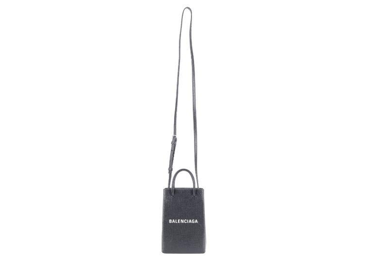 BALENCIAGA SHOPPING PHONE HOLDER BAG BLACK LEATHER SILVER HARDWARE NO DUST COVER