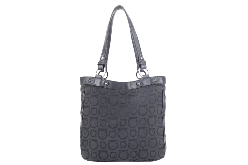 SALVATORE FERRAGAMO BLACK TOTE CANVAS WITH LEATHER LINING SILVER HARDWARE NO DUST COVER