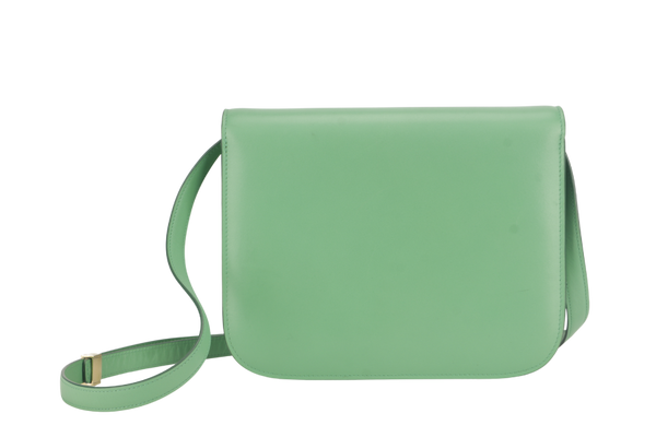 CELINE GREEN GOATSKIN MEDIUM CLASSIC BOX FLAP BAG IN PALM GOLD HARDWARE WITH STRAPS, DUST COVER AND BOX