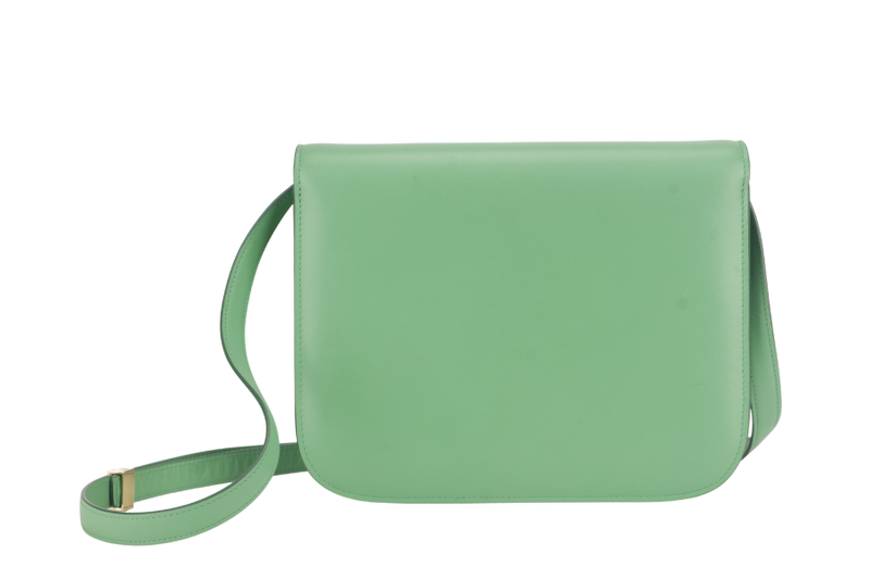 CELINE GREEN GOATSKIN MEDIUM CLASSIC BOX FLAP BAG IN PALM GOLD HARDWARE WITH STRAPS, DUST COVER AND BOX