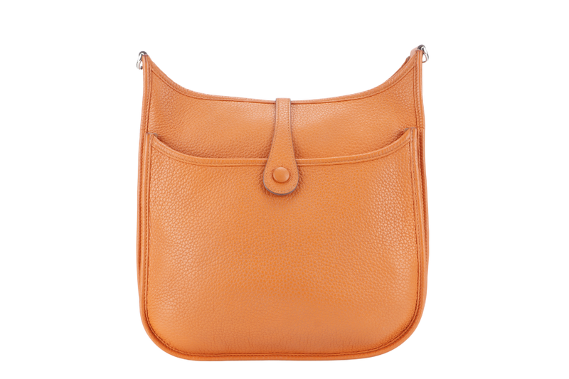 HERMES EVELYN PM ORANGE CLEMENCE LEATHER STAMP Q SQUARE (YEAR 2013) PALLADIUM HARDWARE WITH DUST COVER AND BOX