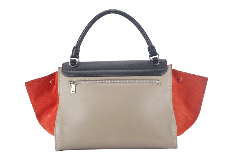 CELINE TRAPEZE BAG IN BEIGE TAUPE TRICOLOR LEATHER WITH BLACK FLAP ON ORANGE TOP SILVER HARDWARE WITH STRAPS AND DUST COVER