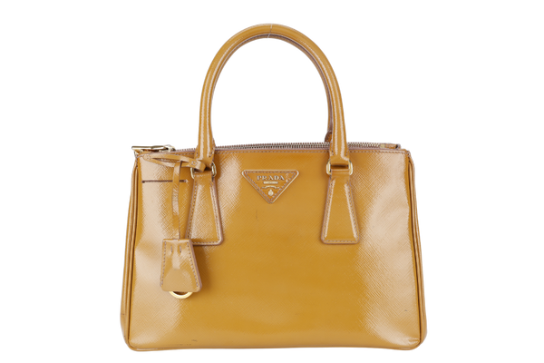 PRADA GALLERIA SMALL YELLOW GOLD SAFFIANO PATENT LEATHER GOLD HARDWARE NO DUST COVER