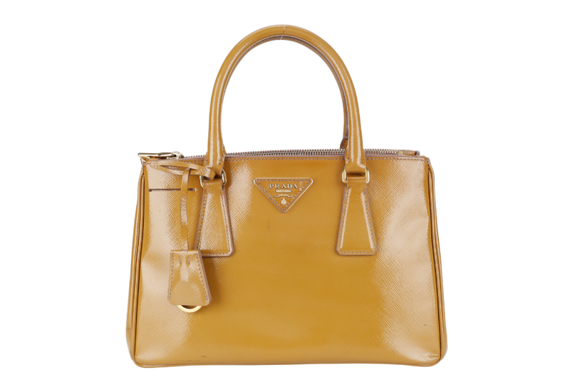 PRADA GALLERIA SMALL YELLOW GOLD SAFFIANO PATENT LEATHER GOLD HARDWARE NO DUST COVER