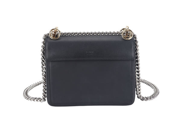 FENDI KAN I LOGO CROSSBODY (8BT286) SMALL BLACK CALF LEATHER PALLADIUM AND GOLD HARDWARE WITH DUST COVER