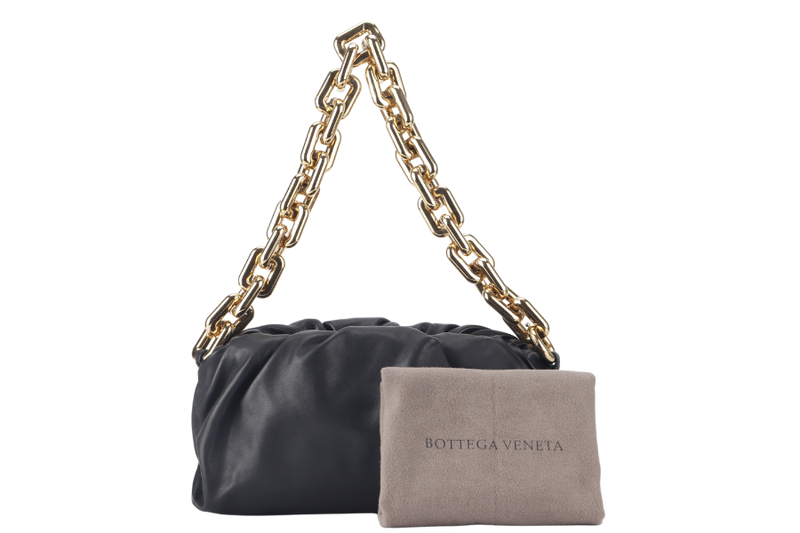 BOTTEGA VENETA THE CHAIN POUCH BLACK CALFSKIN LEATHER GOLD HARDWARE WITH DUST COVER