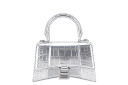 BALENCIAGA HOURGLASS XS SILVER METALLIC CROC-EFFECT LEATHER SILVER HARDWARE WITH SLING AND DUST COVER