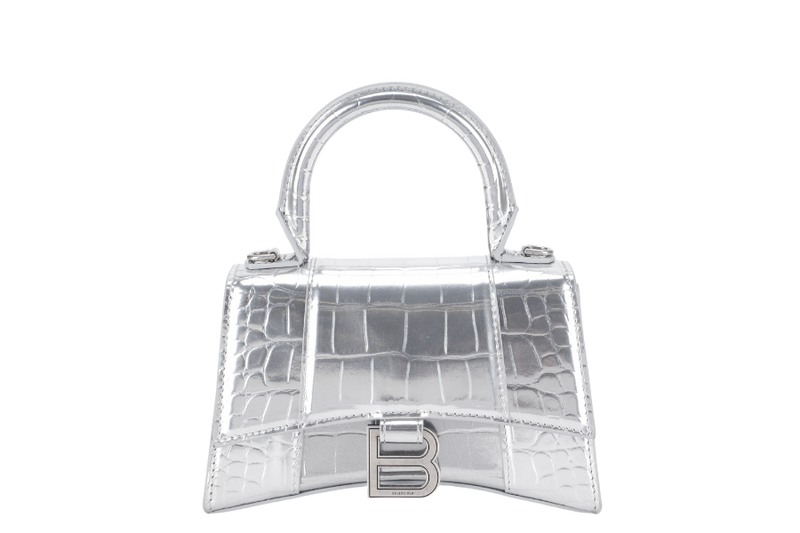 BALENCIAGA HOURGLASS XS SILVER METALLIC CROC-EFFECT LEATHER SILVER HARDWARE WITH SLING AND DUST COVER