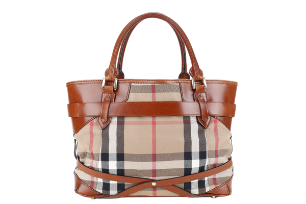 BURBERRY LYNHER CHECK BRIDLE LEATHER TOTE WITH DUST COVER