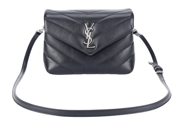 YVES SAINT LAURENT (YSL) LOULOU TOY BLACK LEATHER SHOULDER BAG SILVER HARDWARE WITH LEATHER STRAPS, DUST COVER AND BOX