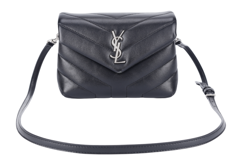 YVES SAINT LAURENT (YSL) LOULOU TOY BLACK LEATHER SHOULDER BAG SILVER HARDWARE WITH LEATHER STRAPS, DUST COVER AND BOX