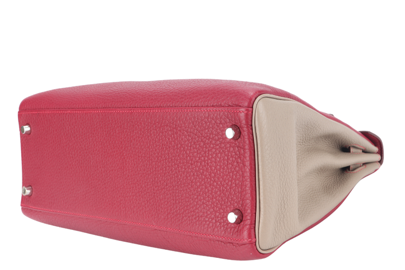 HERMES KELLY 32 HSS VERSO TOSCA AND GRIS T COLOR TOGO LEATHER BRUSHED SILVER HARDWARE STAMP O (YEAR 2011) WITH LOCK, KEYS AND STRAP, NO DUST COVER