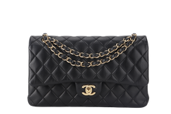 CHANEL CLASSIC FLAP MEDIUM BLACK LAMBSKIN GOLD HARDWARE WITH CARD (3040xxxx) WITH DUST COVER  AND BOX