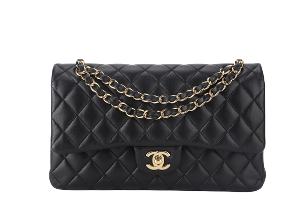 CHANEL CLASSIC FLAP MEDIUM BLACK LAMBSKIN GOLD HARDWARE WITH CARD (3040xxxx) WITH DUST COVER  AND BOX