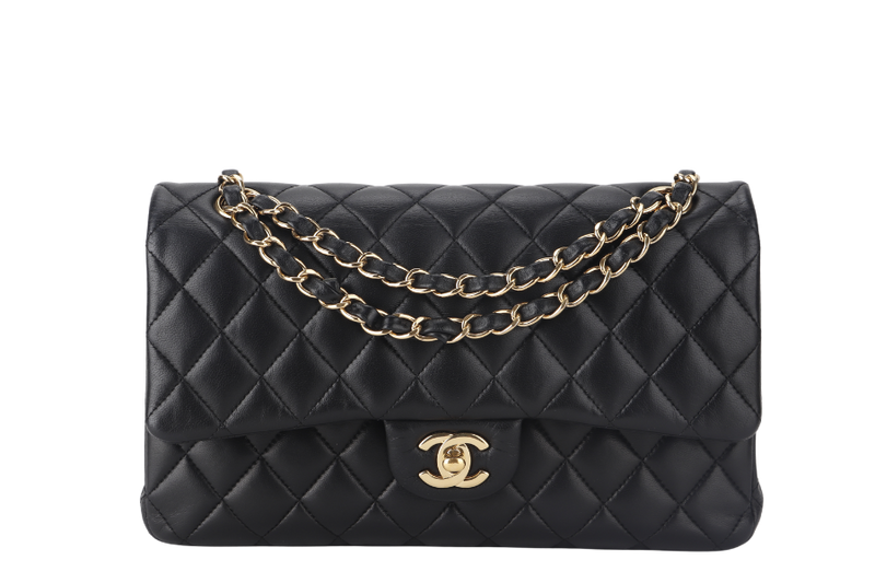 CHANEL CLASSIC FLAP MEDIUM BLACK LAMBSKIN GOLD HARDWARE WITH CARD (3040xxxx) WITH DUST COVER  AND BOX