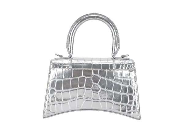 BALENCIAGA HOURGLASS XS HANDBAG IN SILVER METALLIC CROC-EFFECT LEATHER SILVER HARDWARE NO DUST COVER