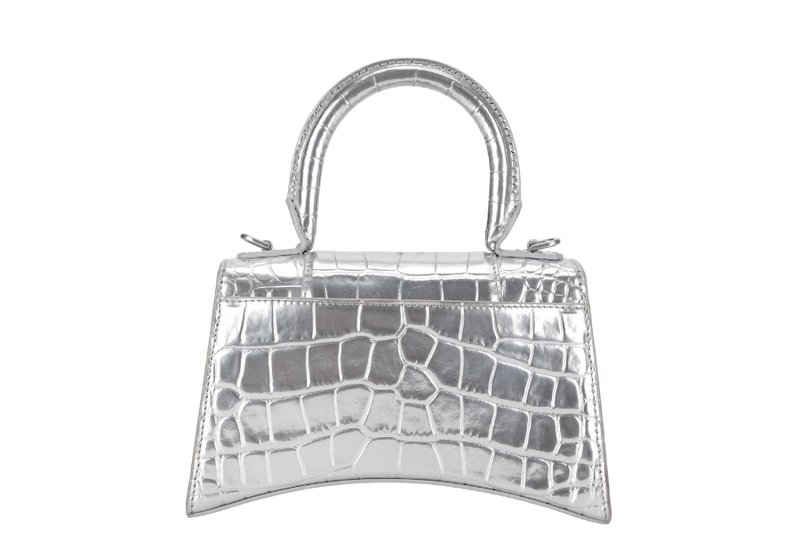 BALENCIAGA HOURGLASS xs HANDBAG IN SILVER METALIC CROC-EFFECT LEATHER SILVER HARDWARE NO DUST COVER