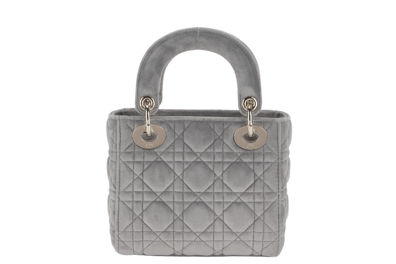 CHRISTIAN DIOR LADY DIOR (01-RU-1129) MINI GREY SUEDE LEATHER GOLD HARDWARE WITH STRAP, CARD AND DUST COVER