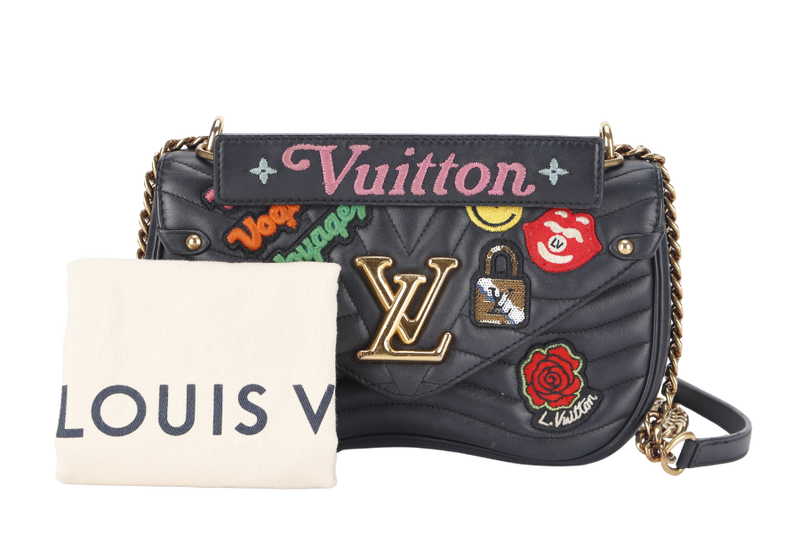 LOUIS VUITTON BLACK CALFSKIN PATCHES NEW WAVE CHAIN MM GOLD HARDWARE WITH DUST COVER